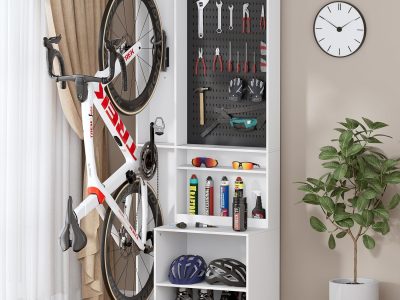PAKASEPT Bike Storage Rack Cabinet, Freestanding Bicycle Storage Organizer Rack with Pegboard &10 S-hooks Open Storage Shelves, Bike Rack for Garage & Home, Safety Anti-Dumping